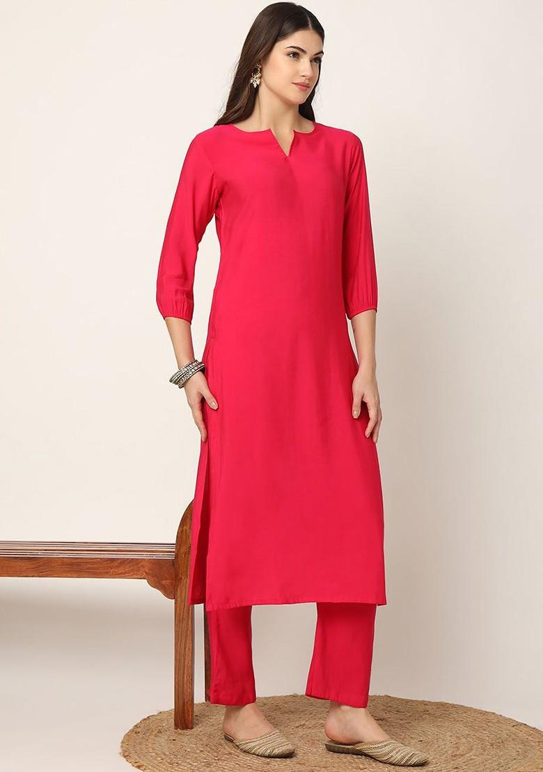 Pink Solid Poly Blend Kurta Set