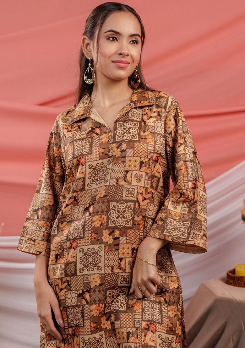 Brown Printed Cotton Fusion Set