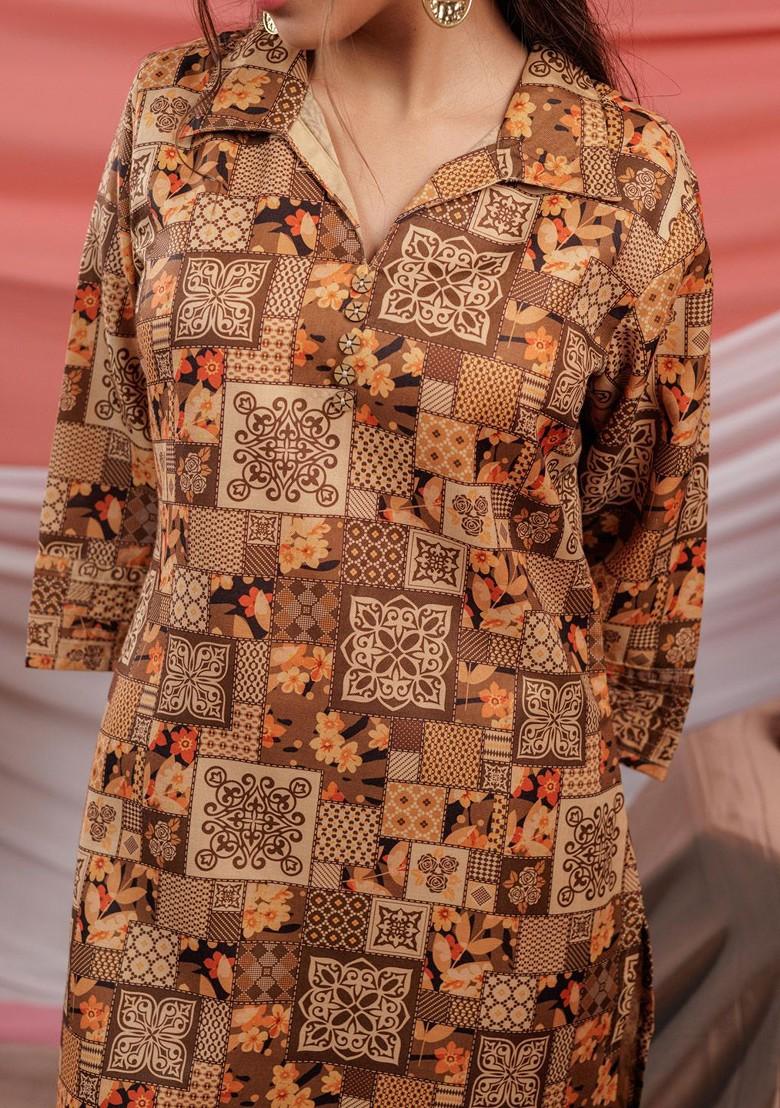 Brown Printed Cotton Fusion Set
