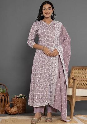 Purple Embroidered Cotton Kurta Set