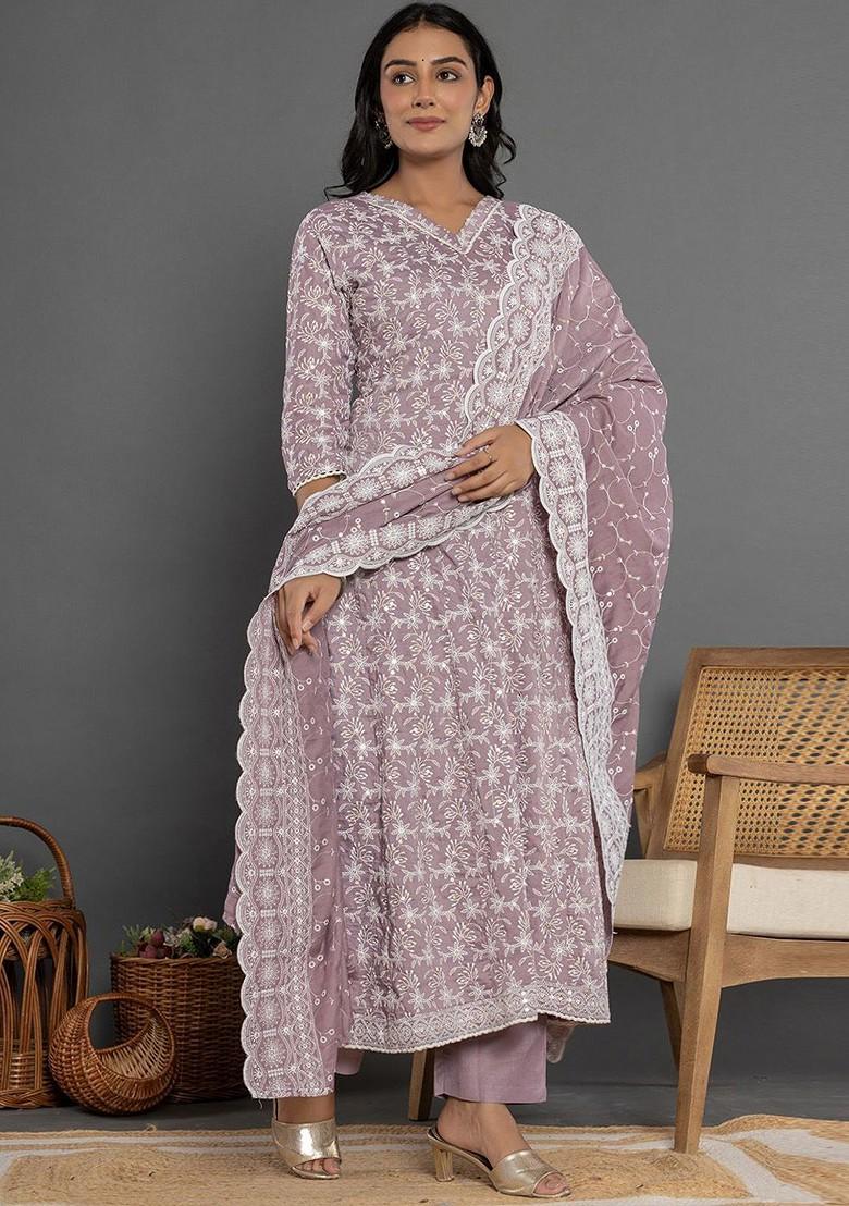 Purple Embroidered Cotton Kurta Set