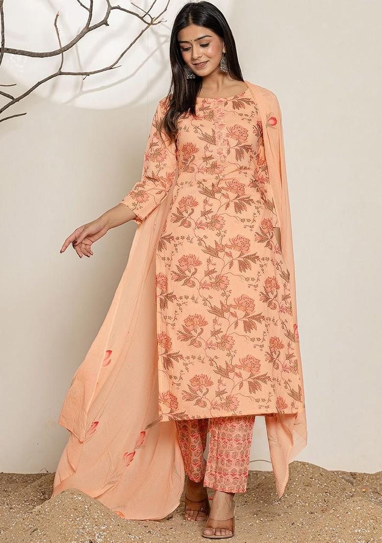 Peach Embroidered Cotton Kurta Set