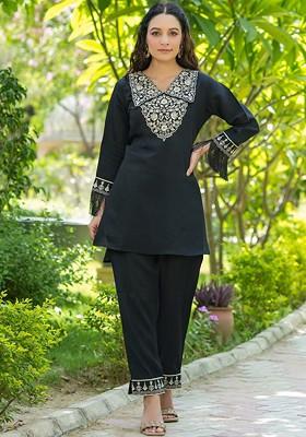Black Embroidered Silk Fusion Set