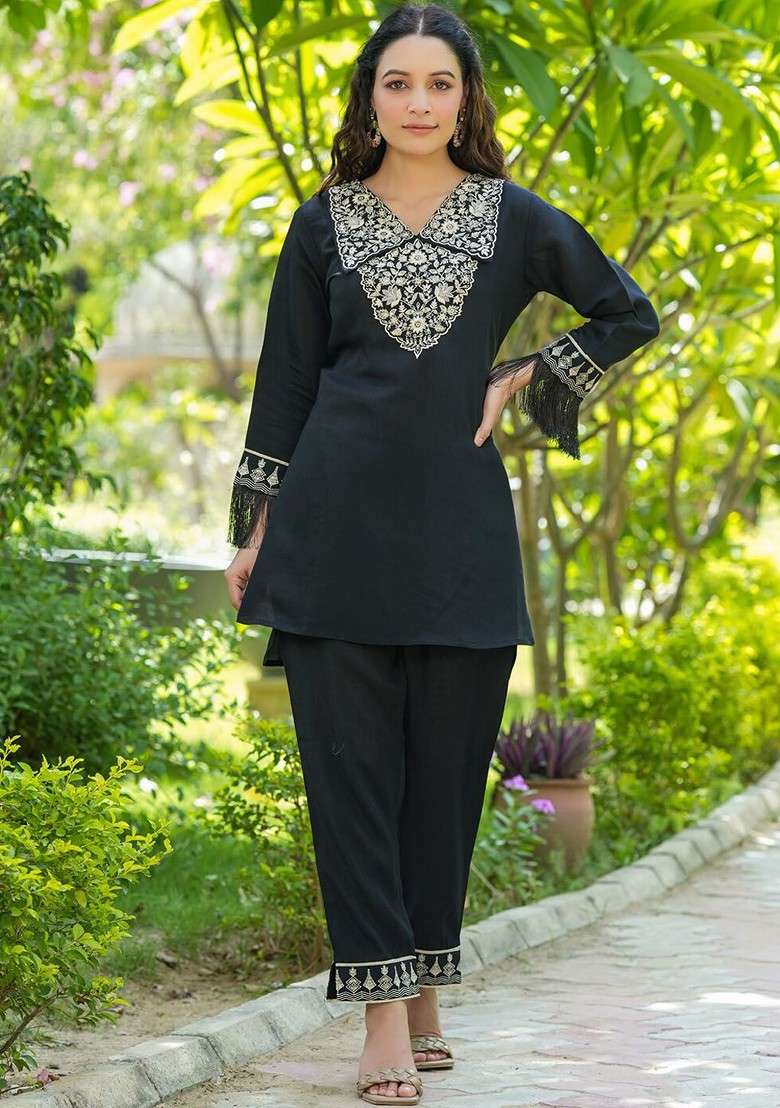 Black Embroidered Silk Fusion Set - Indya