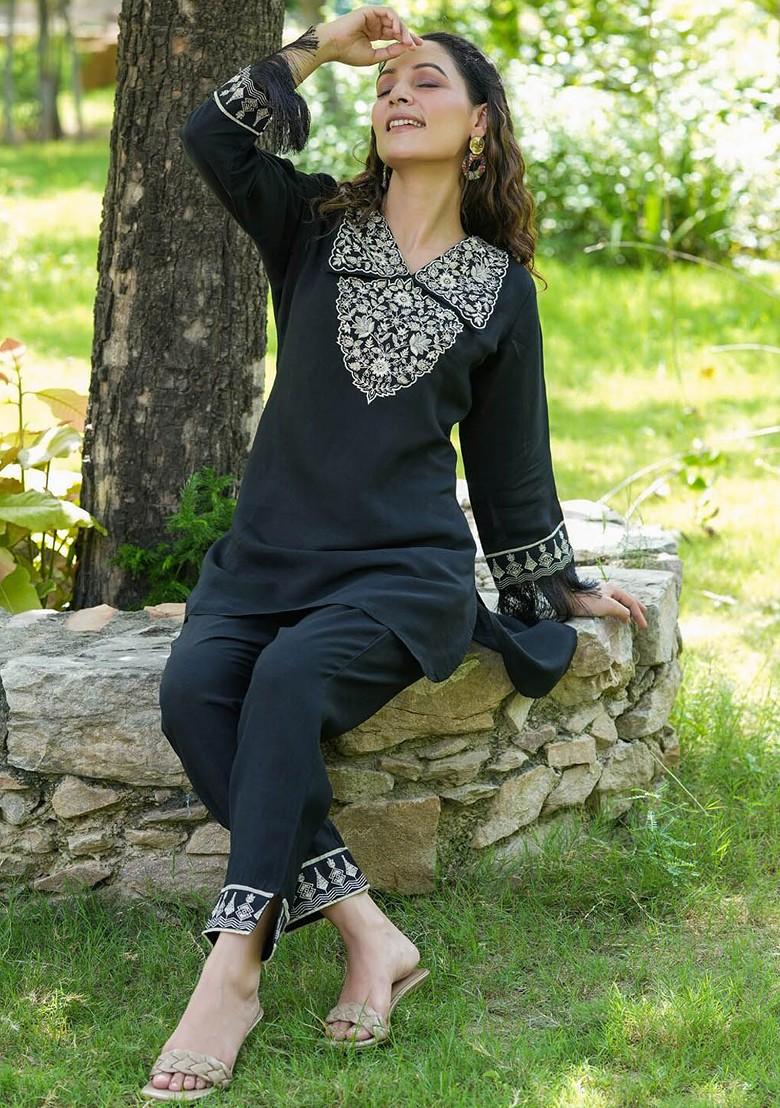 Black Embroidered Silk Fusion Set
