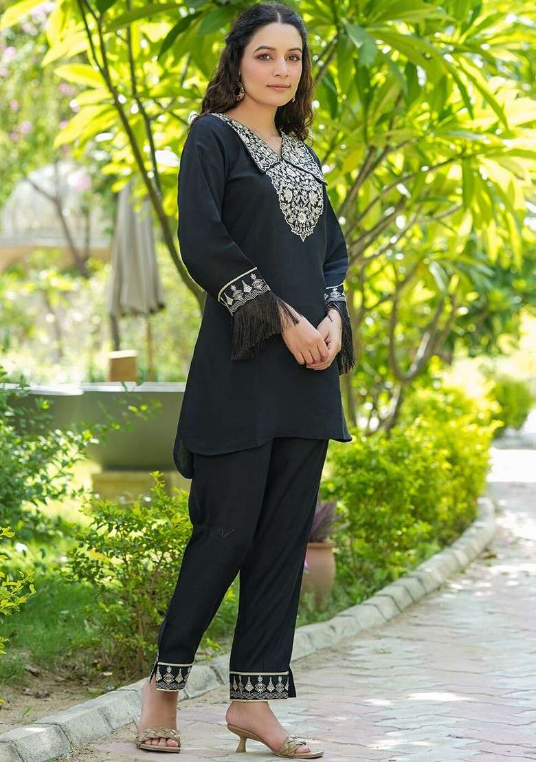Black Embroidered Silk Fusion Set - Indya