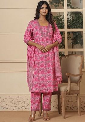 Pink Embroidered Cotton Kurta Set