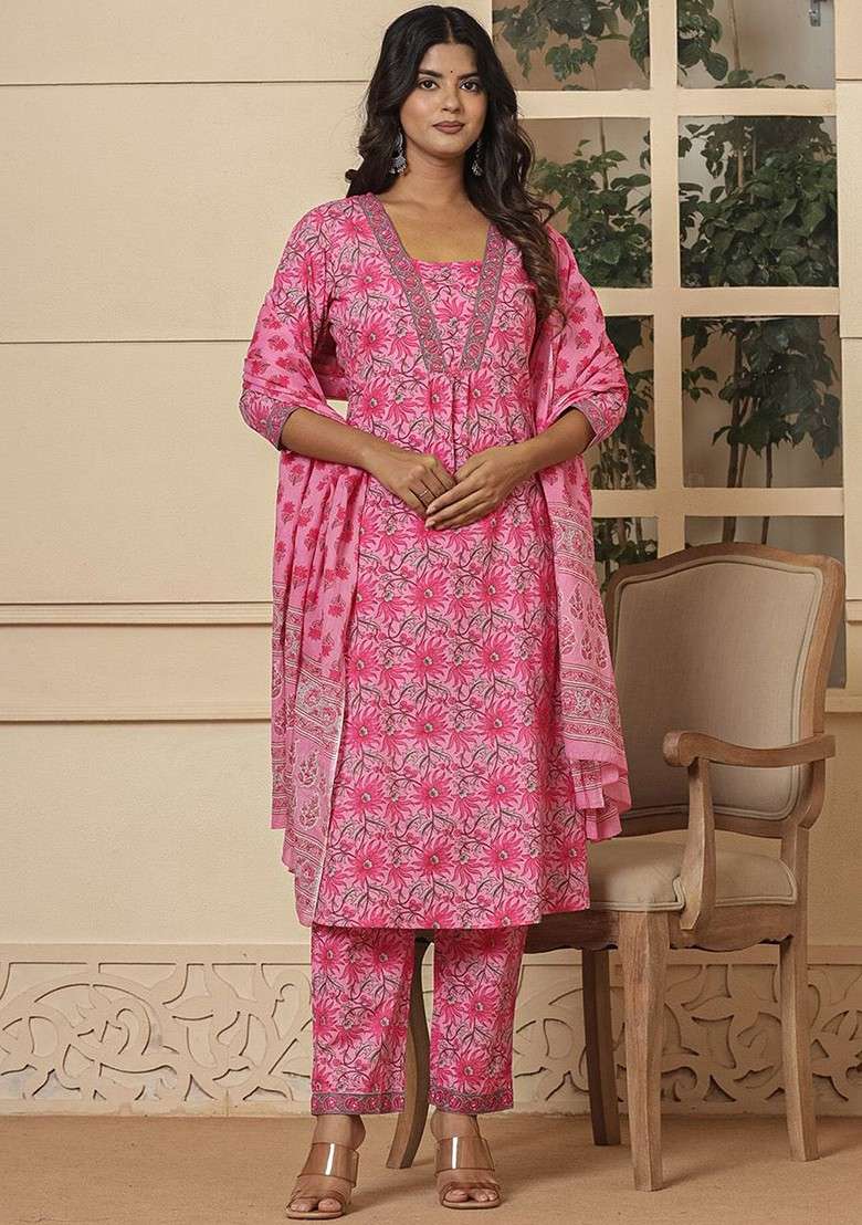 Pink Embroidered Cotton Straight Kurta Set - Indya