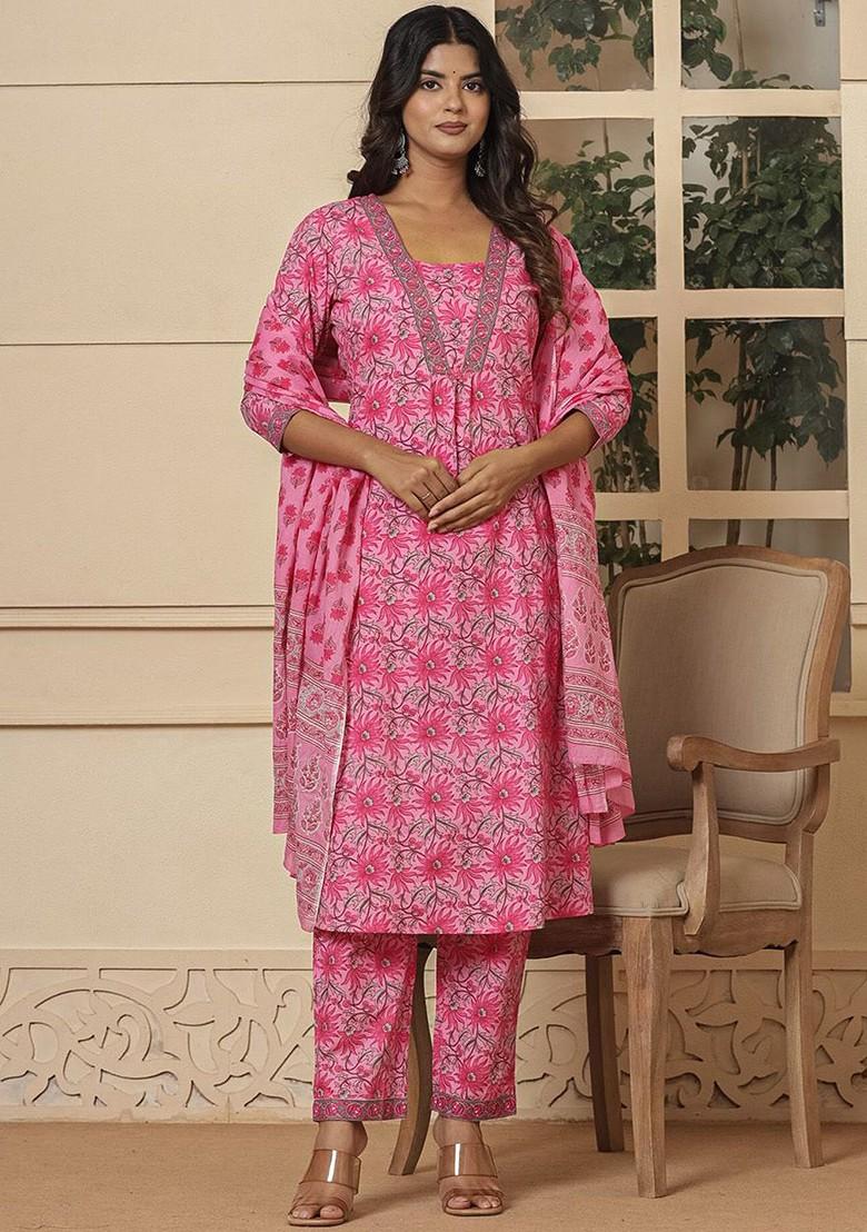 Pink Embroidered Cotton Kurta Set