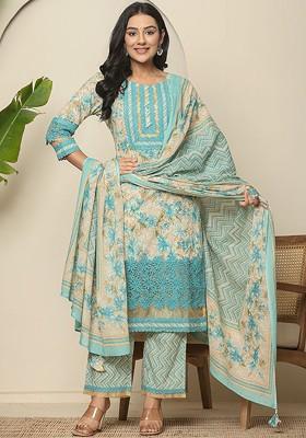 Blue Floral Print Cotton Kurta Set