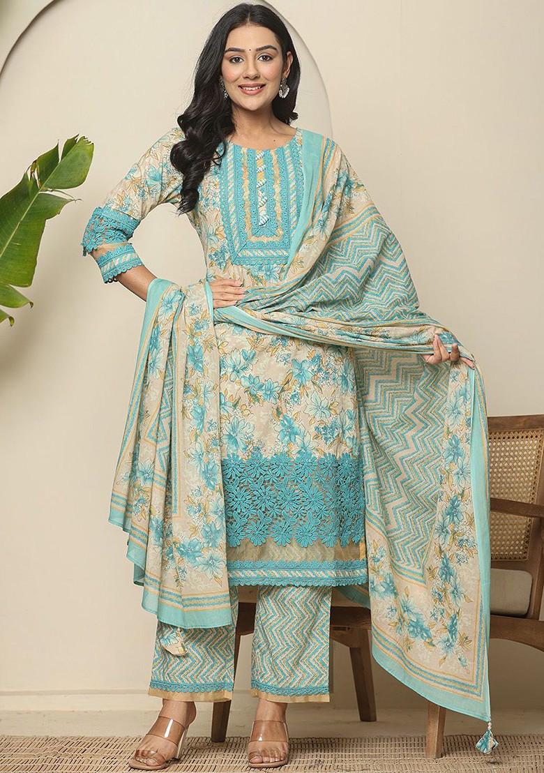 Blue Floral Print Cotton Kurta Set
