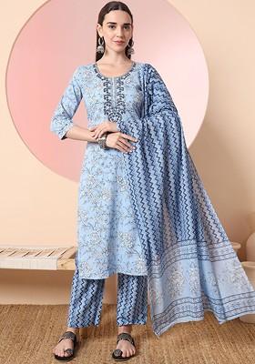 Blue Floral Print Cotton Kurta Set