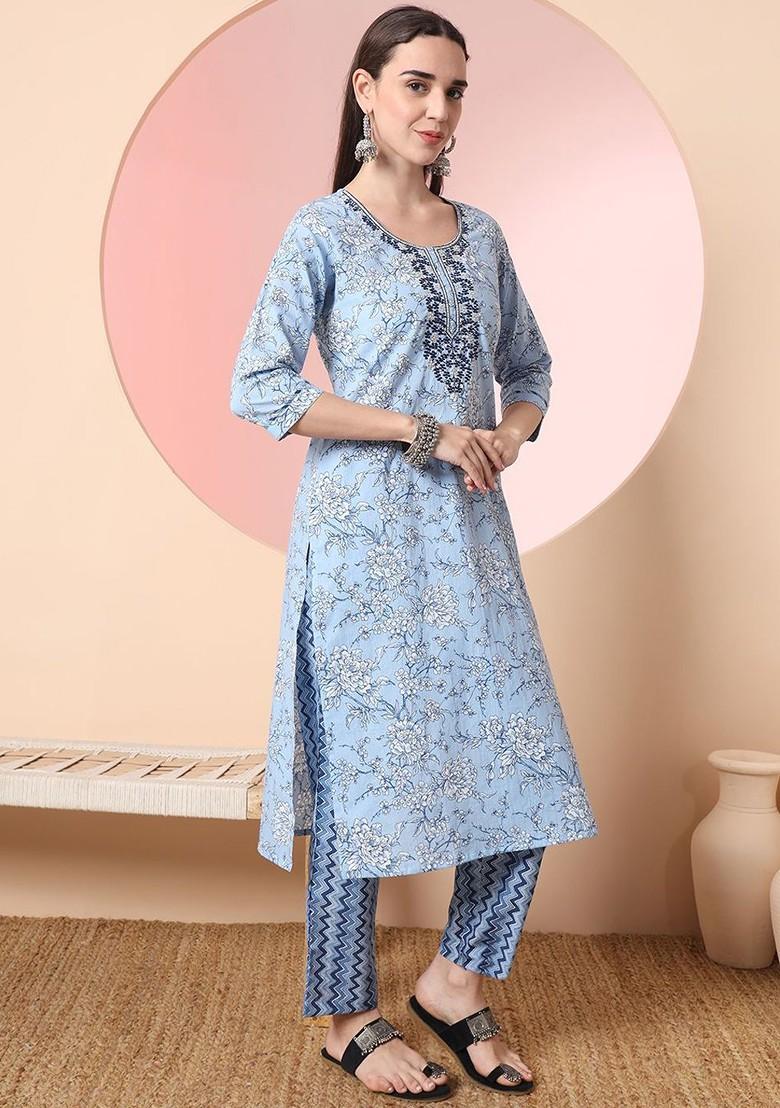 Blue Floral Print Cotton Kurta Set