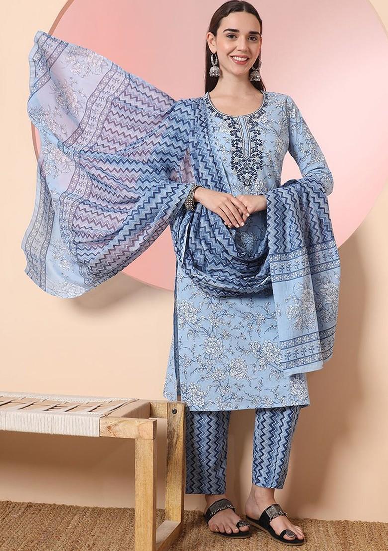 Blue Floral Print Cotton Kurta Set