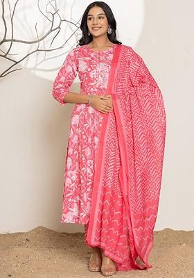 Pink Floral Print Cotton Kurta Set