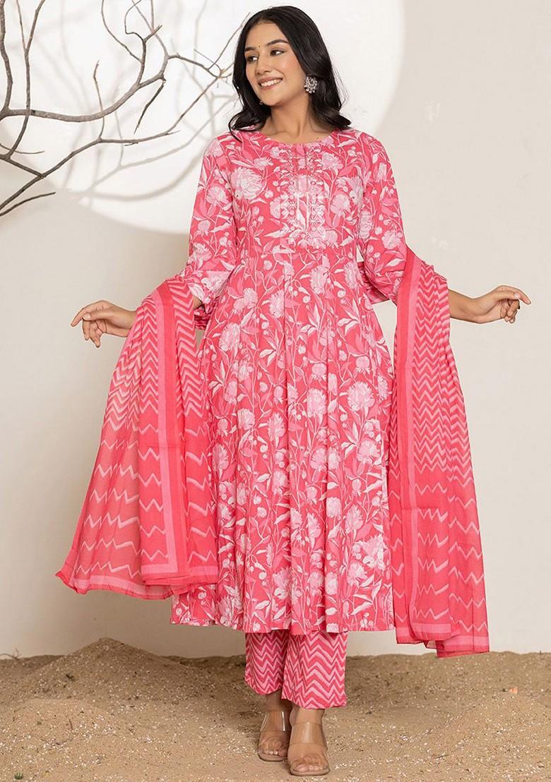 Pink Floral Print Cotton Kurta Set
