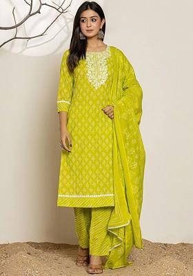 Green Printed Cotton Kurta Set