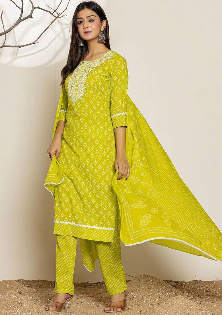 Green Printed Cotton Kurta Set