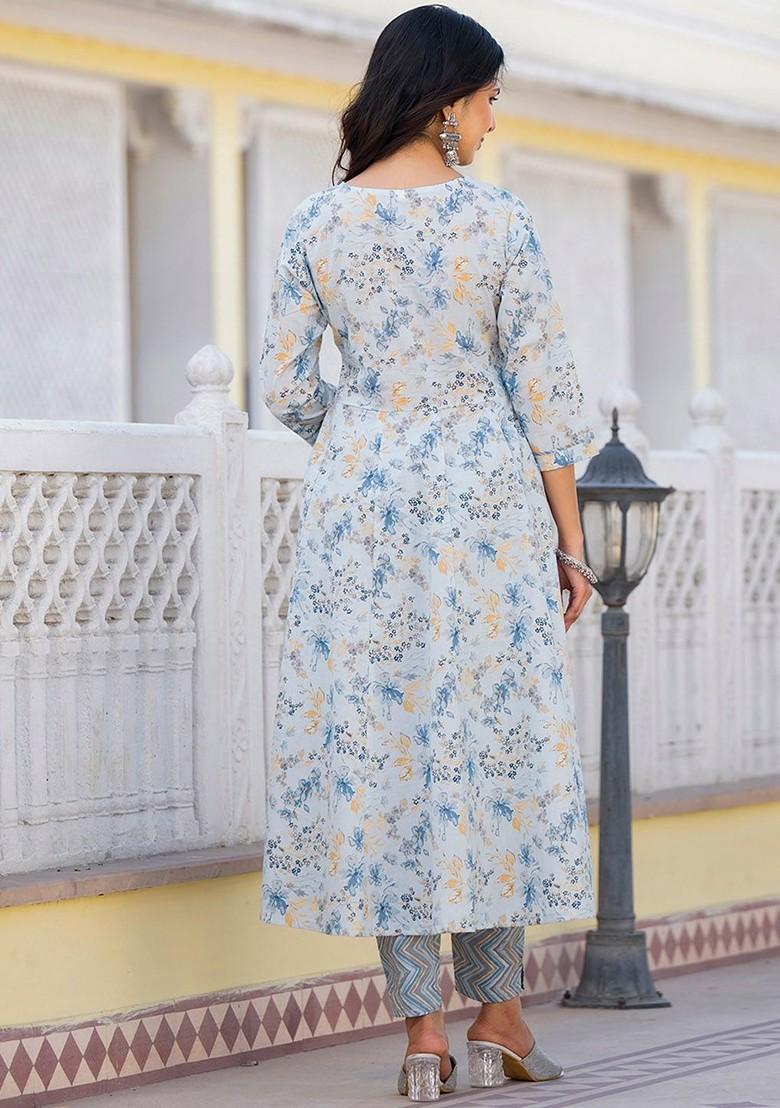 Grey Floral Print Cotton Kurta Set