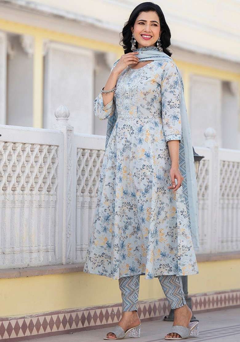Grey Floral Print Cotton Anarkali Set - Indya