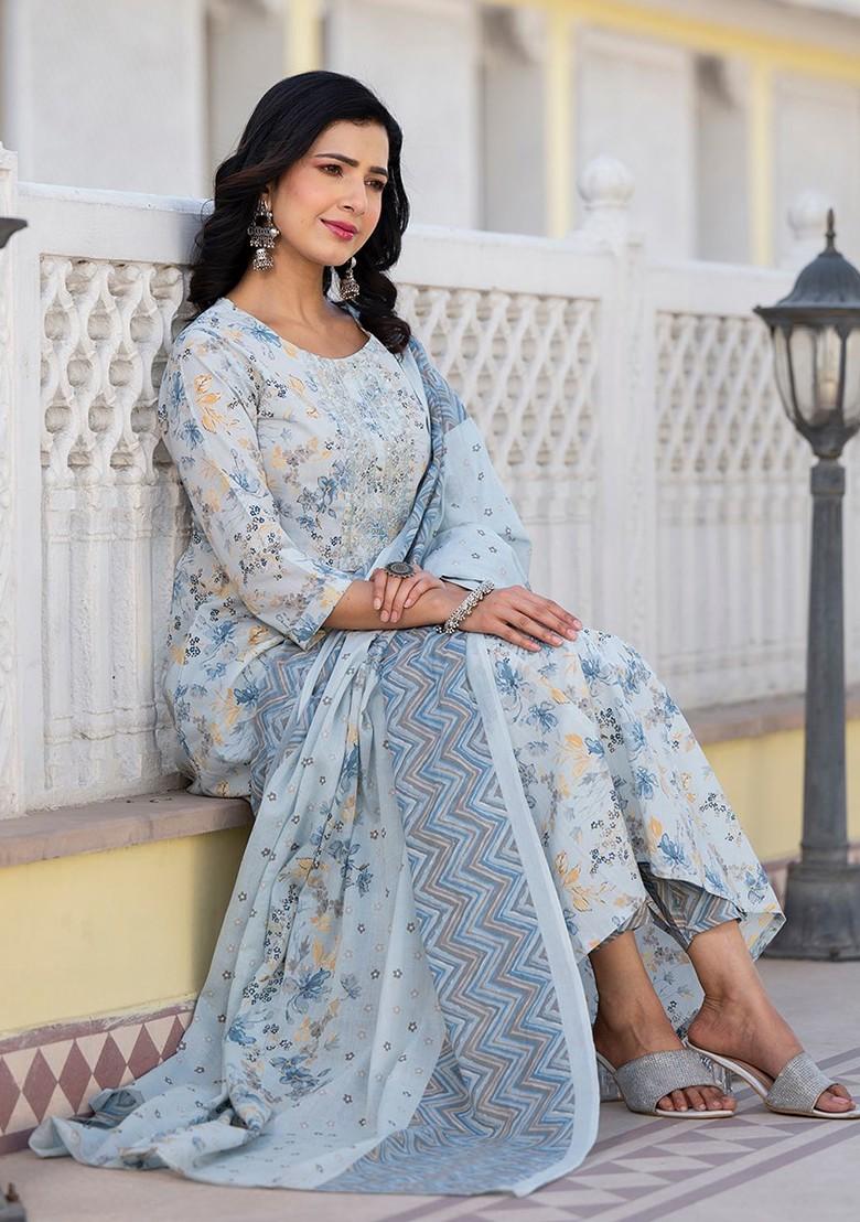 Grey Floral Print Cotton Kurta Set