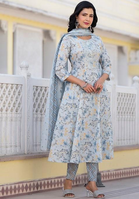 Grey Floral Print Cotton Anarkali Set