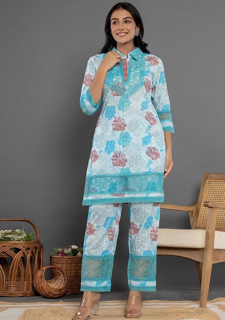 Blue Floral Print Cotton Fusion Set