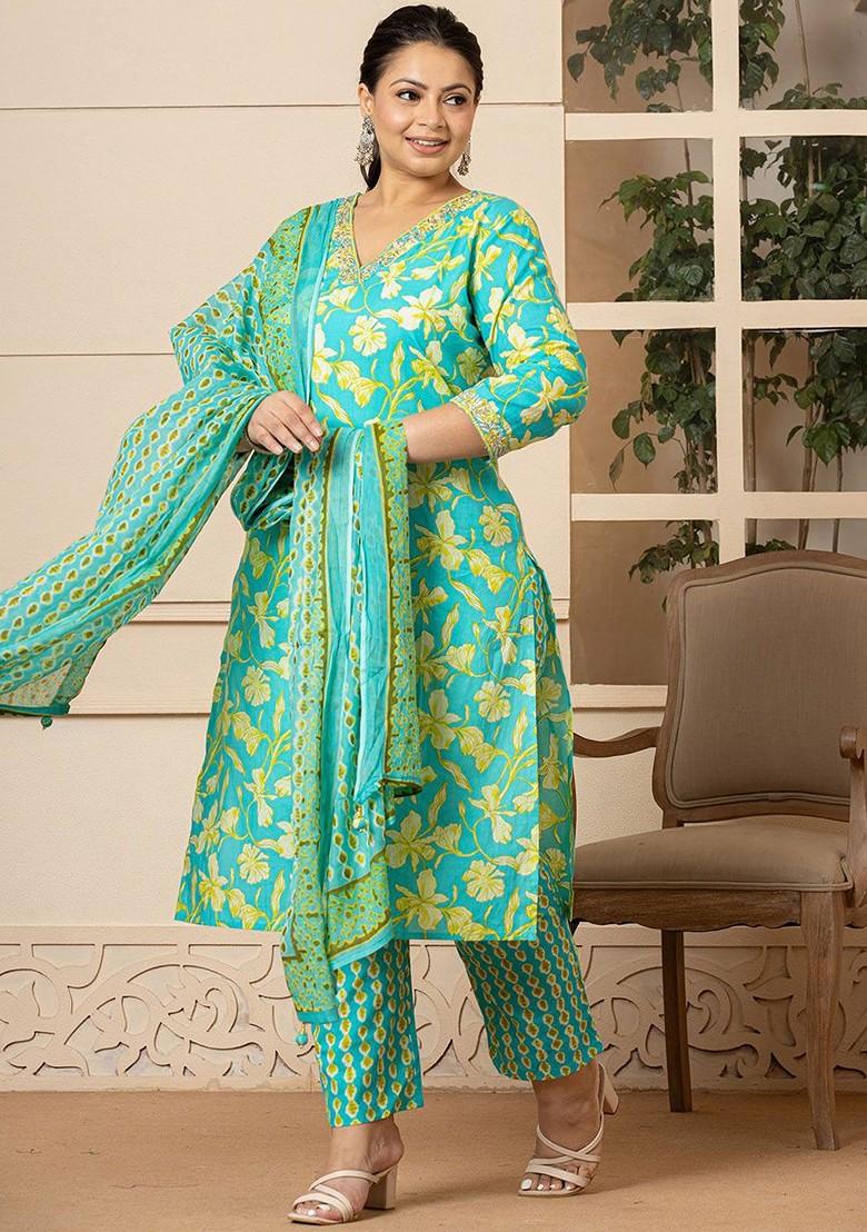 Turquoise Blue Floral Print Cotton Kurta Set