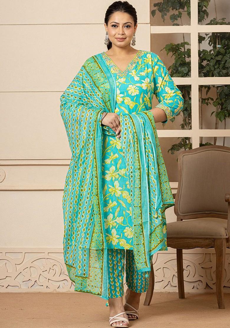 Turquoise Blue Floral Print Cotton Kurta Set