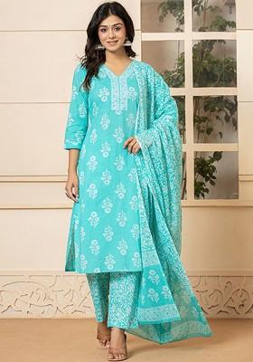 Blue Floral Print Cotton Kurta Set