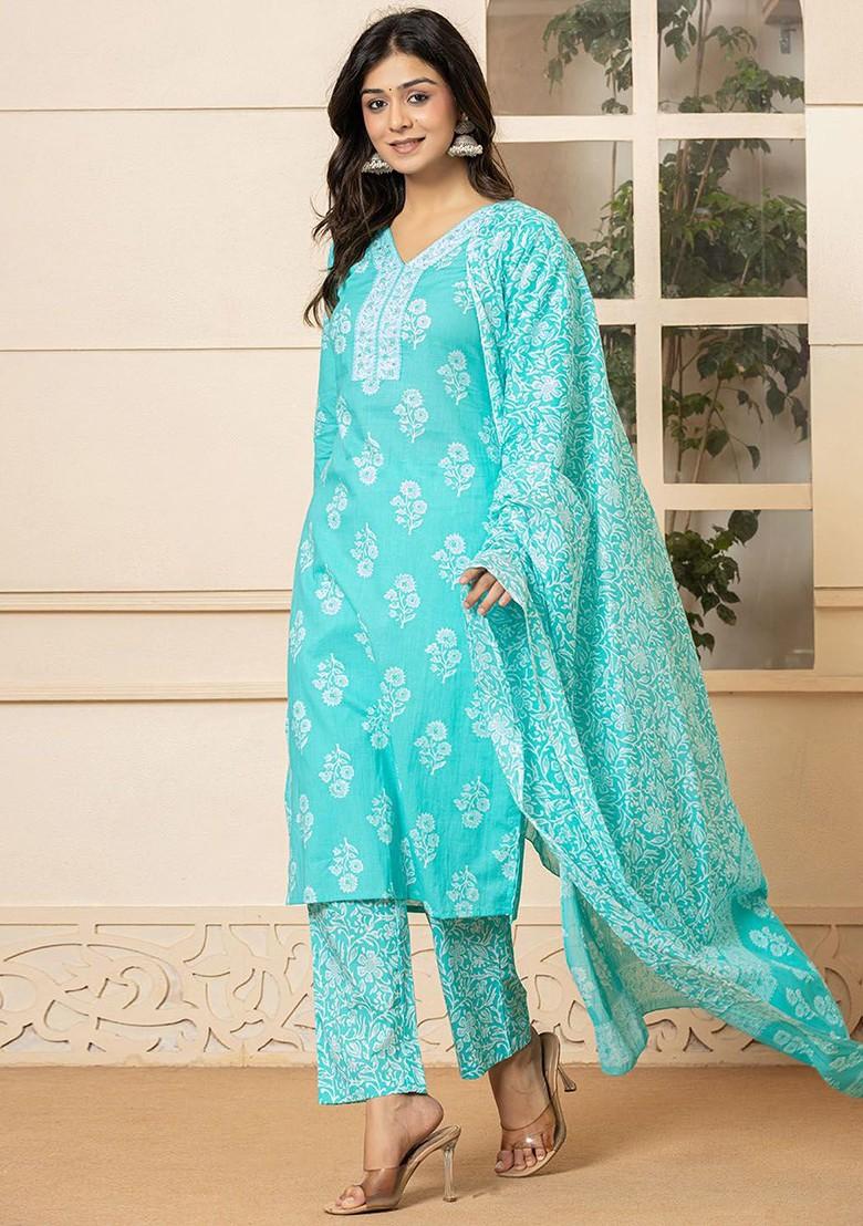 Blue Floral Print Cotton Kurta Set