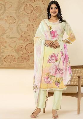 Green Floral Print Poly Blend Kurta Set