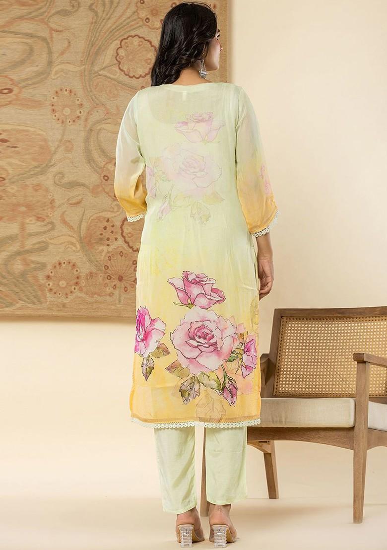 Green Floral Print Poly Blend Kurta Set