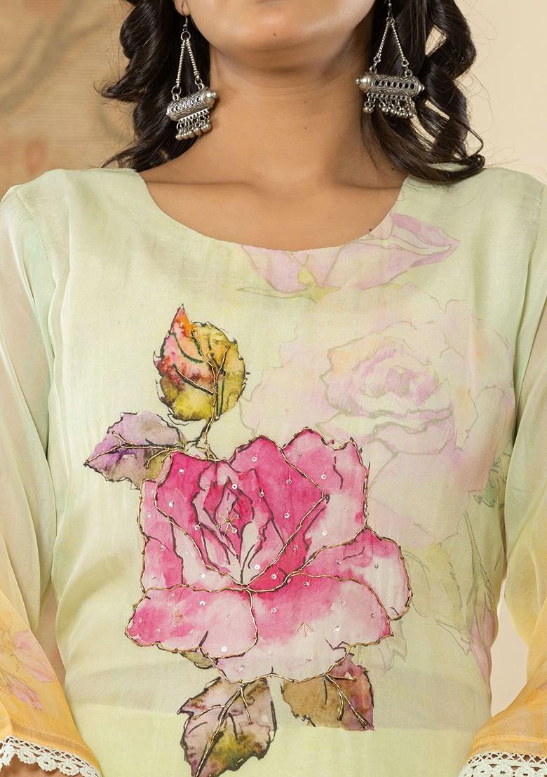 Green Floral Print Poly Blend Kurta Set