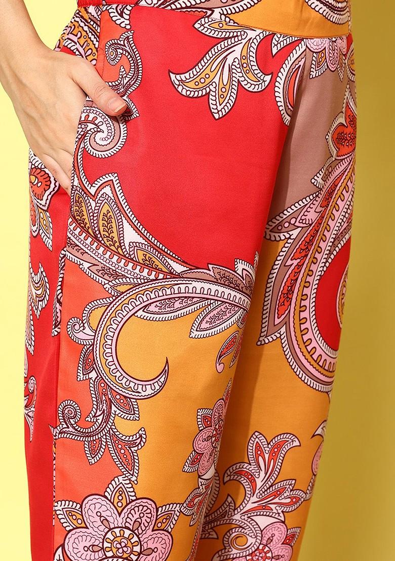 Red Printed Satin Fusion Set