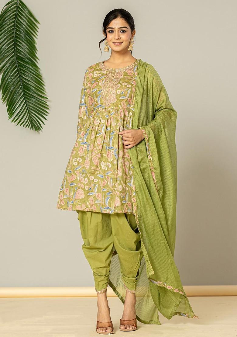 Green Floral Print Cotton Kurta Set