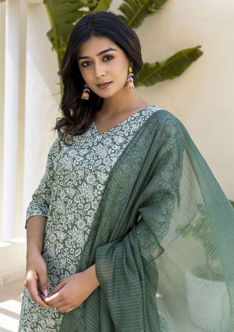 Sea Green Floral Print Cotton Straight Kurta Set - Indya