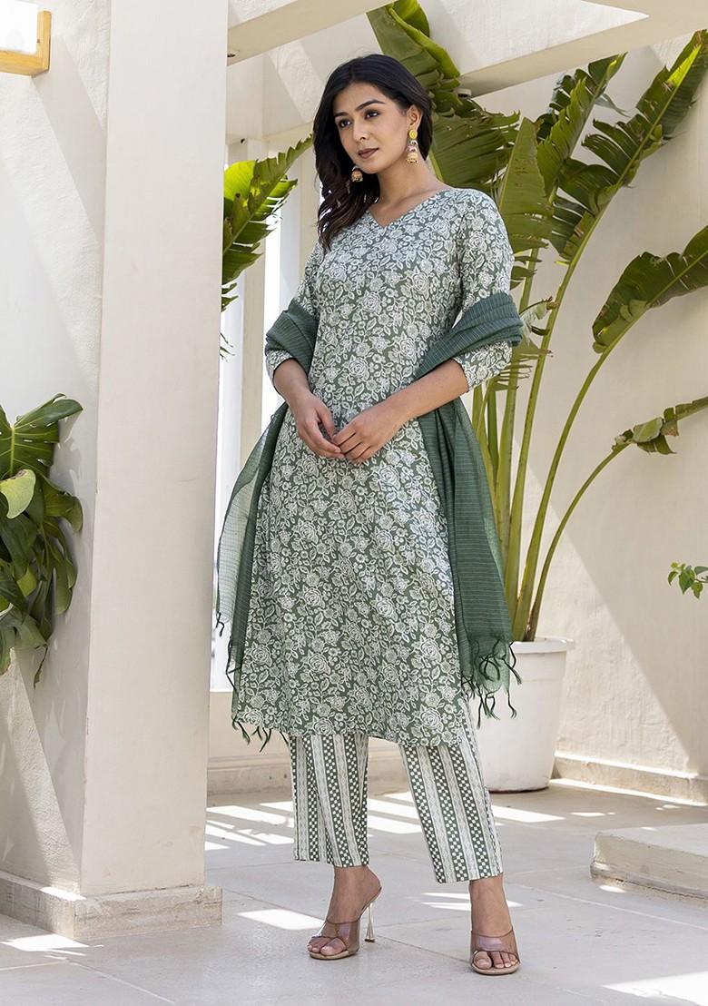 Sea Green Floral Print Cotton Kurta Set