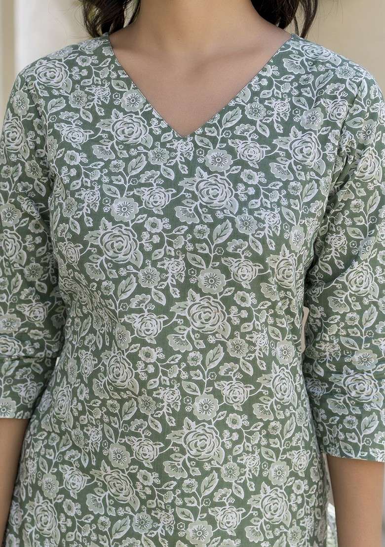 Sea Green Floral Print Cotton Straight Kurta Set - Indya