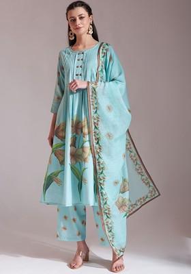 Sea Green Floral Print Poly Blend Kurta Set