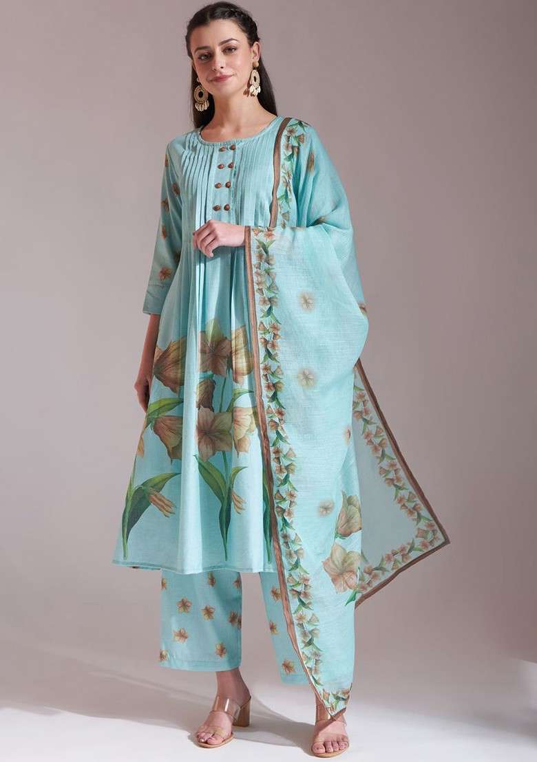 Sea Green Floral Print Poly Blend Kurta Set - Indya