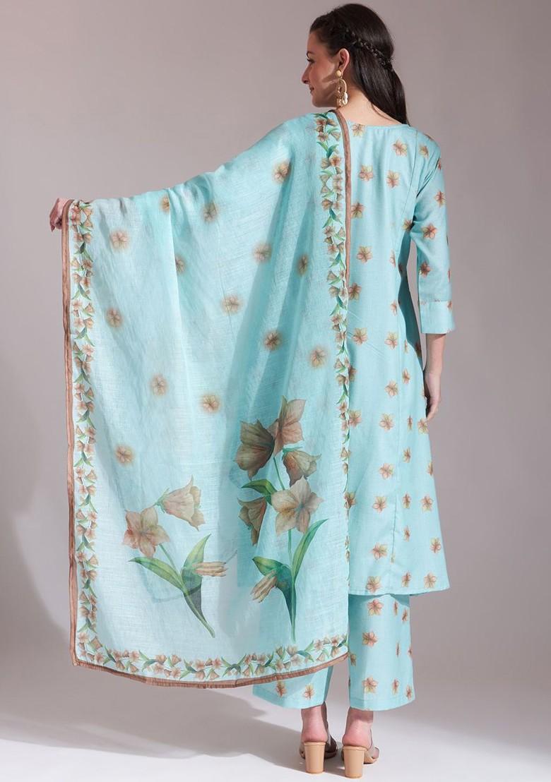 Sea Green Floral Print Poly Blend Kurta Set