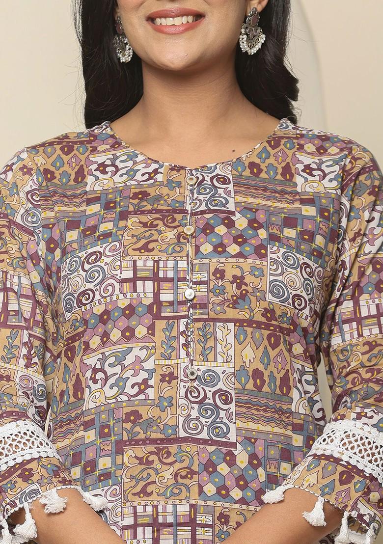 Beige Printed Cotton Kurta Set