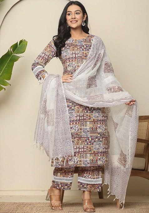 Beige Printed Cotton Kurta Set
