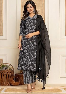 Black Floral Print Cotton Kurta Set