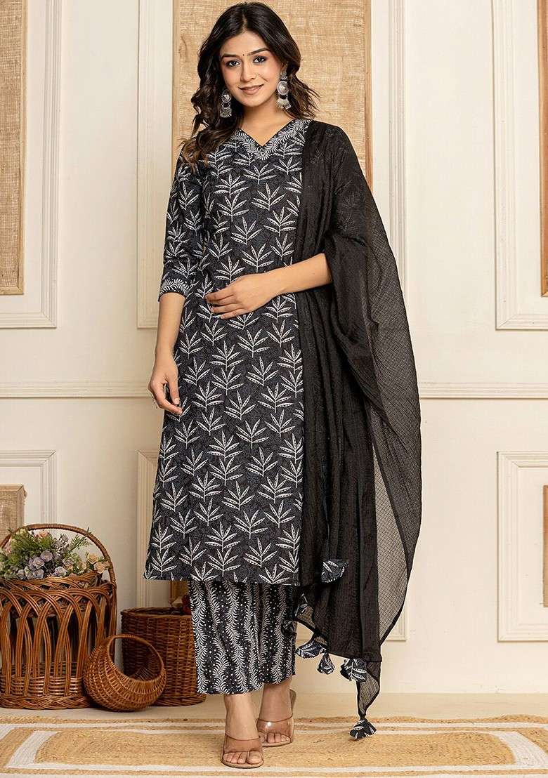 Black Printed Cotton Straight Kurta Set - Indya