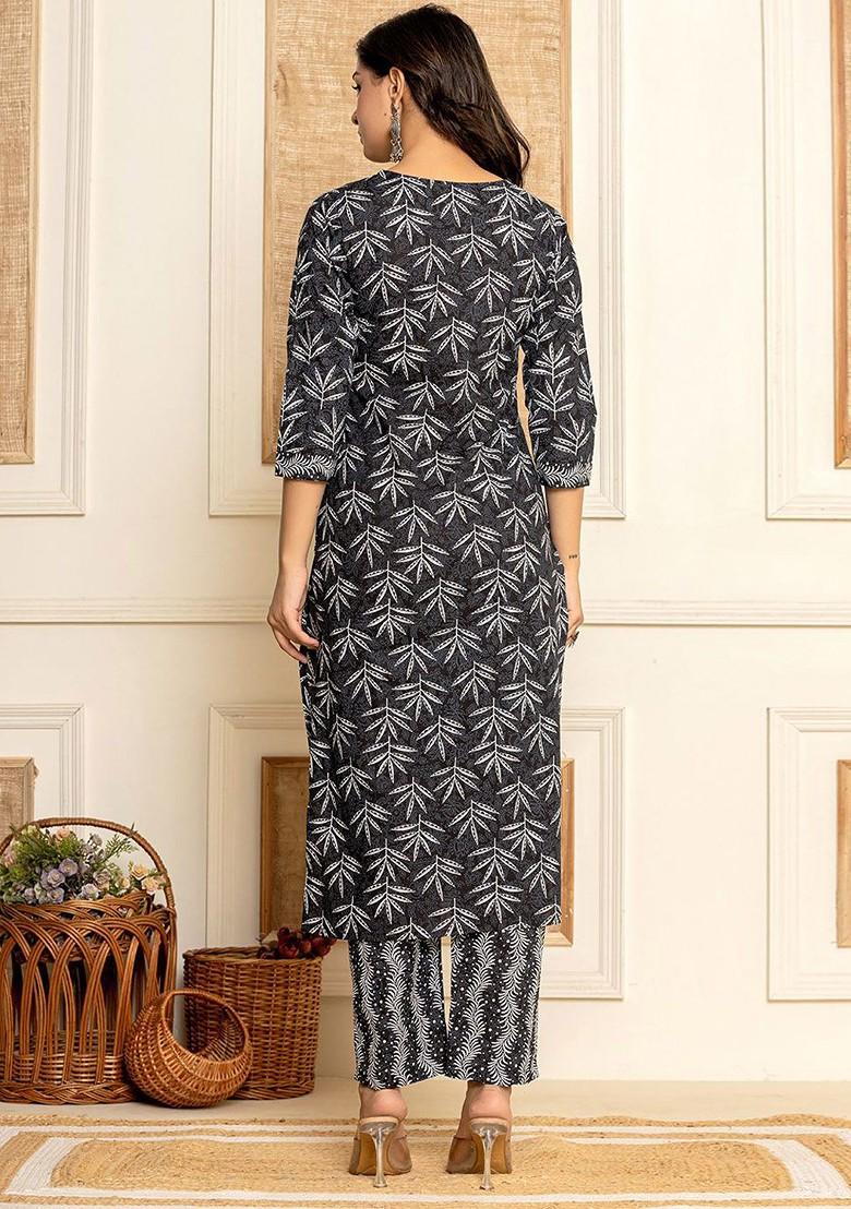 Black Floral Print Cotton Kurta Set