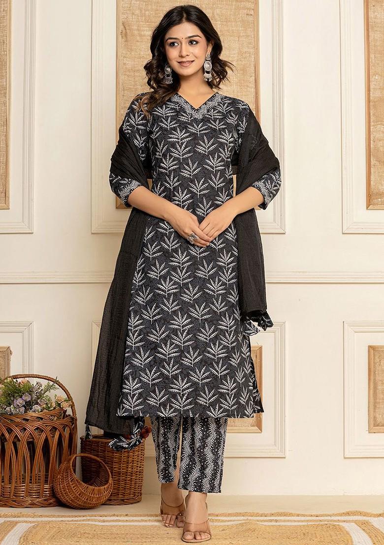 Black Floral Print Cotton Kurta Set