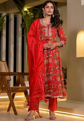 Red Floral Print Cotton Kurta Set