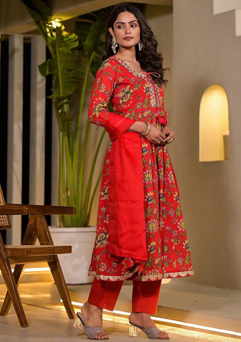 Red Floral Print Cotton Kurta Set